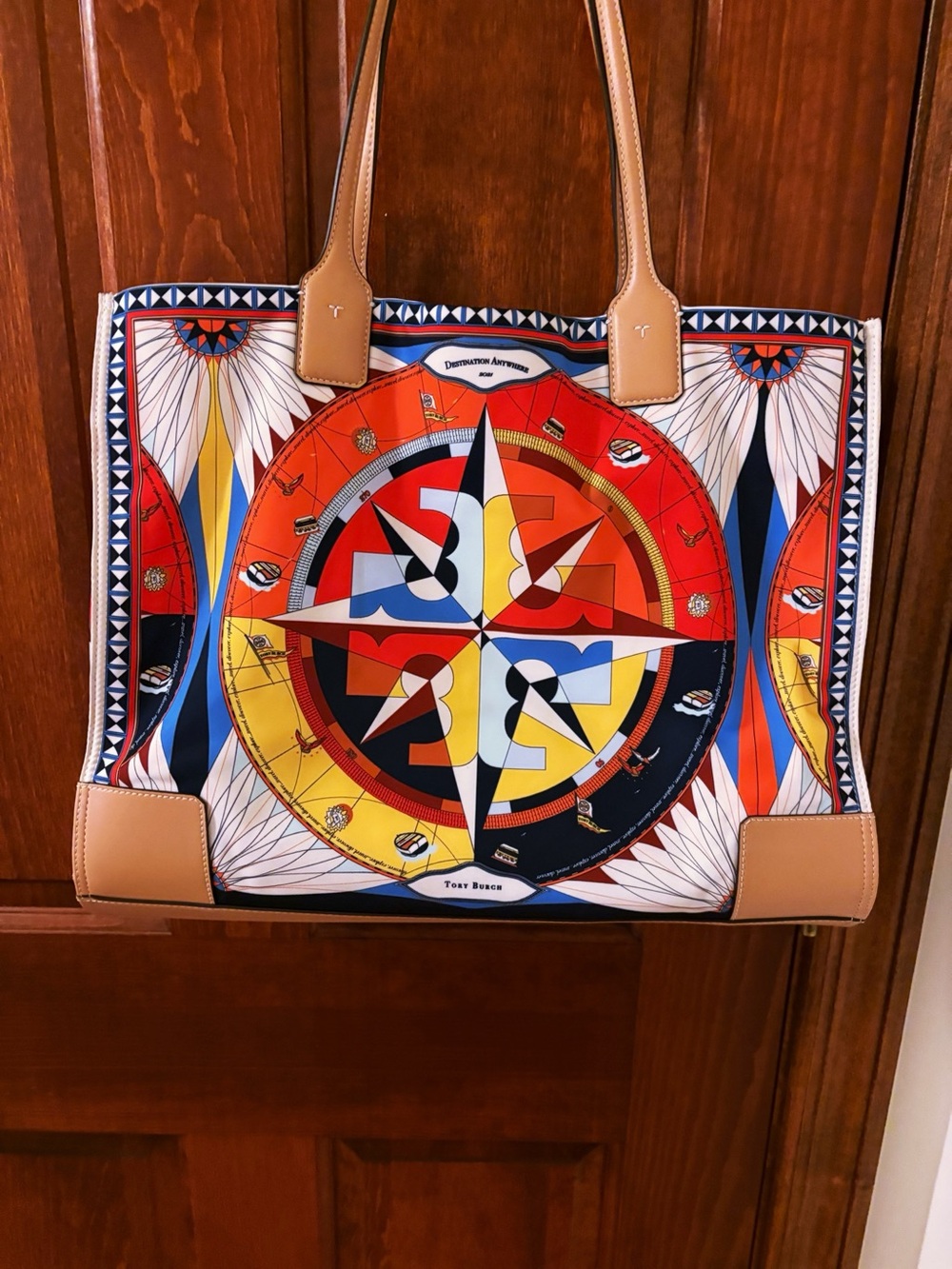 TORY BURCH Ella Sustainable Printed Tote Purse Rose Des Vents Compass Ltd EUC - Picture 3 of 10